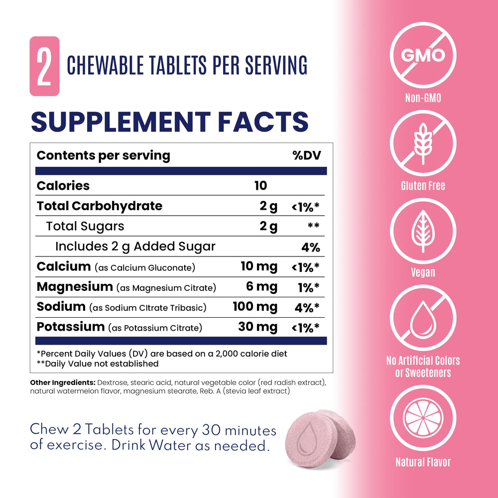 SaltStick Electrolyte FastChews watermelon tablets melting slightly to highlight quick-dissolve formula.