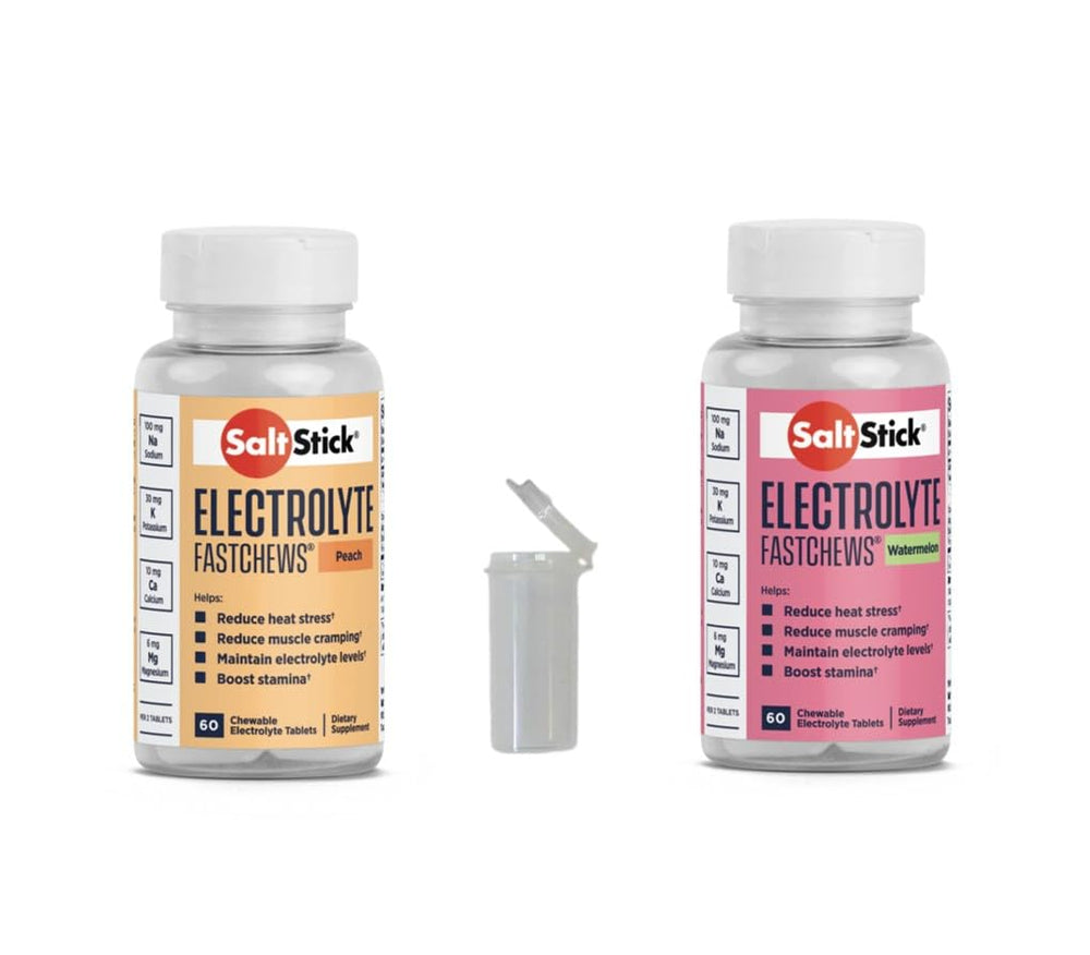 SaltStick FASTCHEWS Peach flavor tube for rapid electrolyte replenishment during workouts.