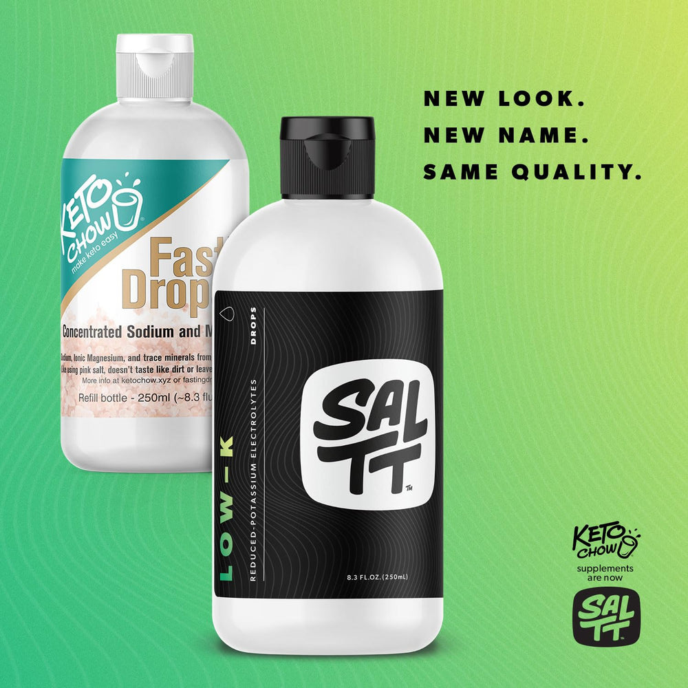 Close-up of SALTT Low-K Fasting Drops bottle and label