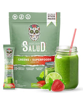 Front of Salud 2-in-1 Greens Powder & Superfoods Strawberry Lime packaging