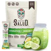 Salud hydration packets with cucumber lime flavor and immunity electrolytes