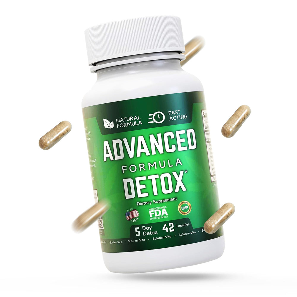 Salutem Vita Advanced Detox bottle sideview emphasizes convenient daily detox