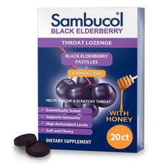 Front view of Sambucol Black Elderberry Throat Lozenge packaging