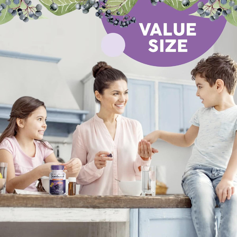 Close-up of a Sambucol elderberry gummy