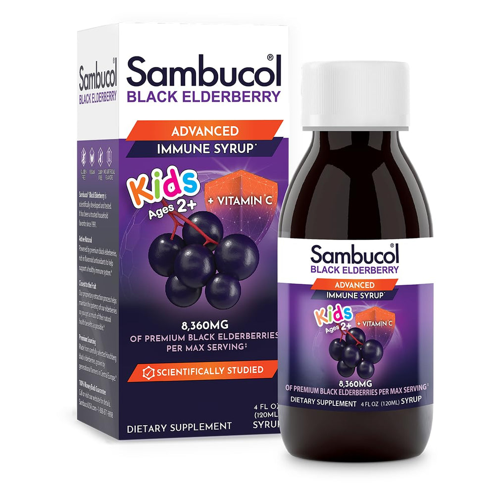 Front view of Sambucol Black Elderberry Syrup for Kids bottle