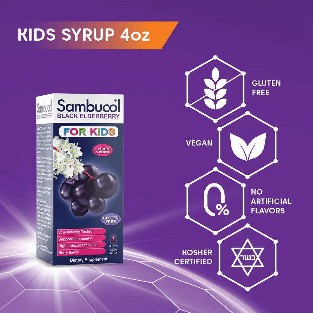 Nutrition facts panel of Sambucol Kids elderberry syrup