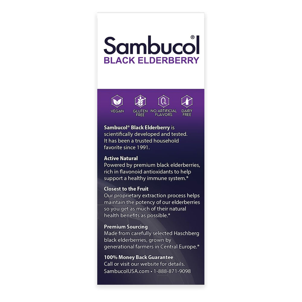 Ingredients and supplement facts for Sambucol Kids syrup