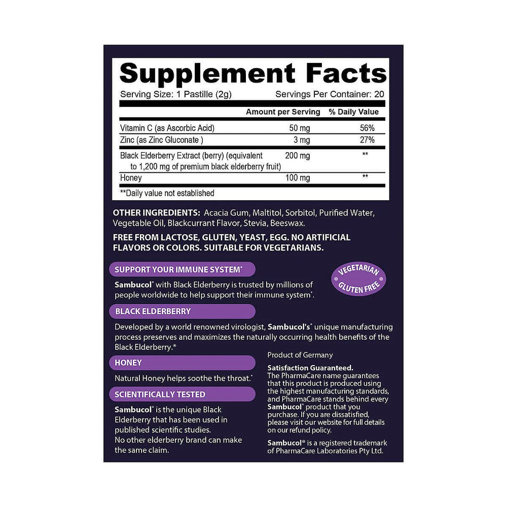 Gluten-free label on Sambucol lozenge packaging
