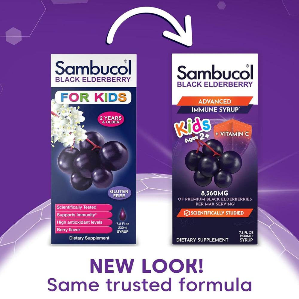 Back label of Sambucol Kids Elderberry Syrup 4 oz 2-pack