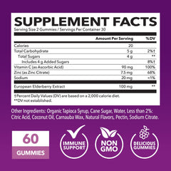 Supplement label highlighting elderberry, vitamin C, and zinc
