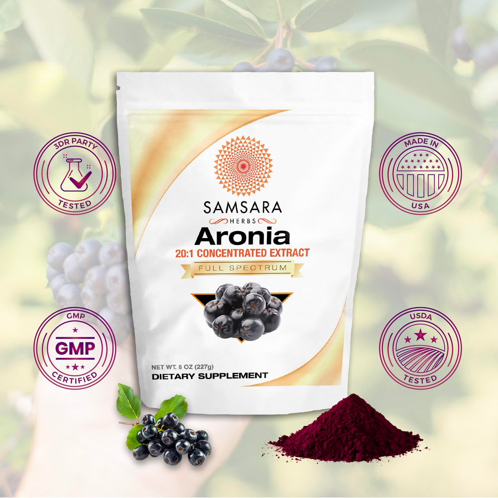 8oz container of Samsara Herbs Aronia Berry 20:1 Extract Powder