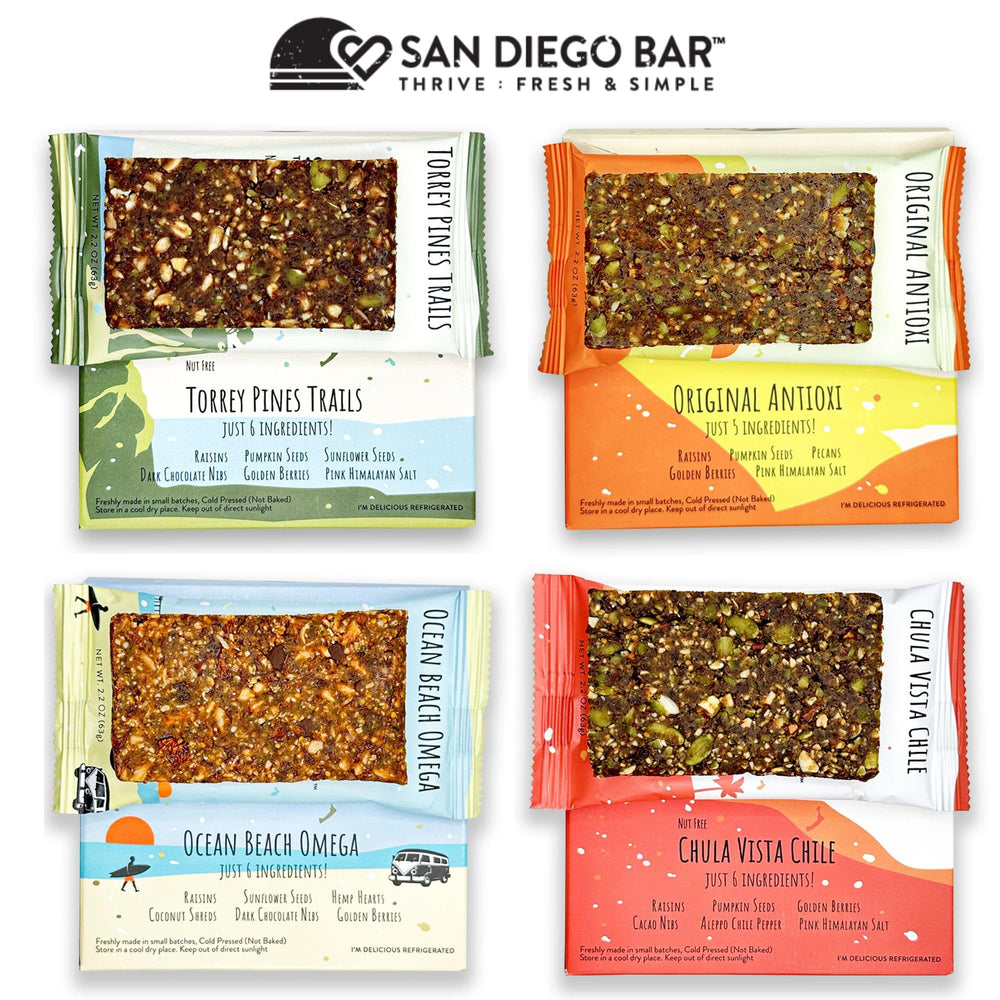 San Diego Bar variety pack box on kitchen counter for active lifestyles