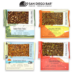 San Diego Bar variety pack box on kitchen counter for active lifestyles