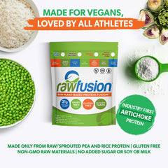 SAN Rawfusion artichoke pea brown rice blend box communicates vegan nutrition.