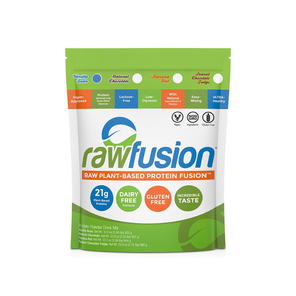 SAN Rawfusion Vanilla Bean tub showcases plant-based protein for daily workouts.