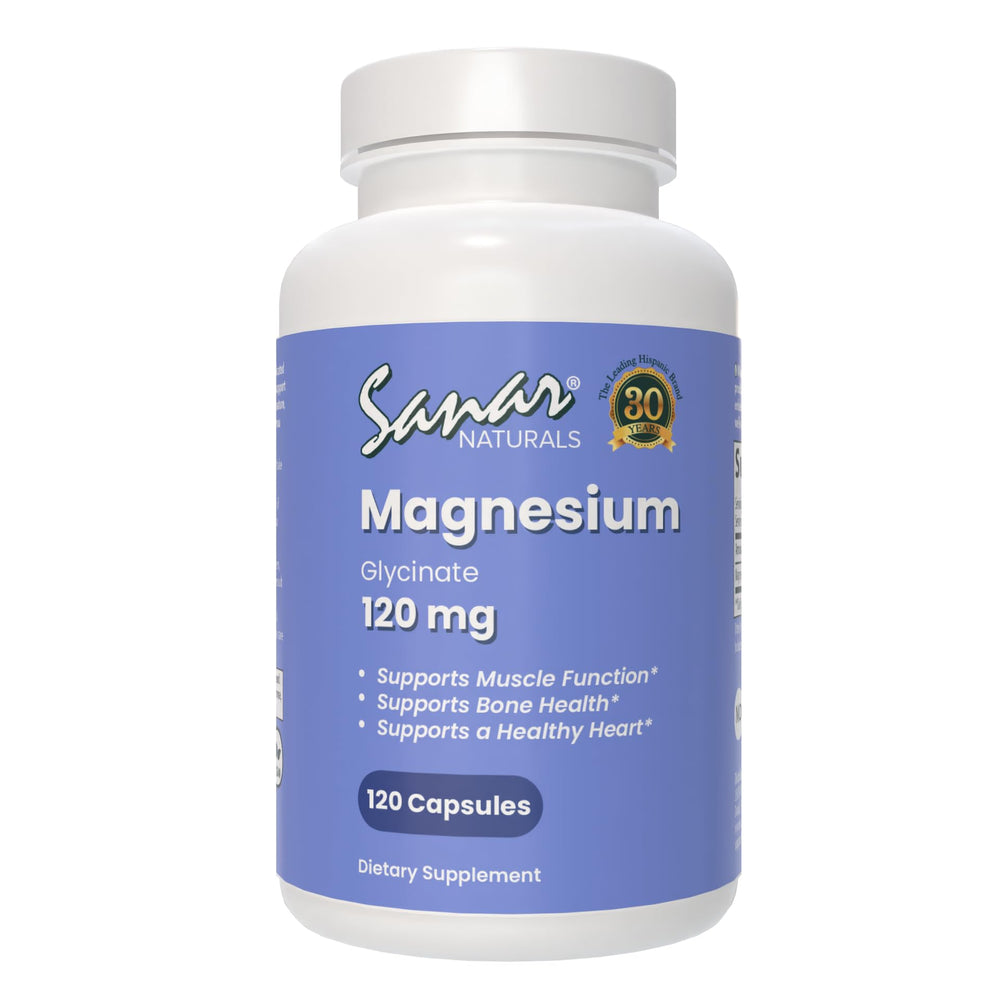 Front view of Sanar Naturals Magnesium Glycinate 120mg bottle with 120 capsules