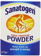 Sanatogen High Protein Powder tub close-up for daily protein fueling.