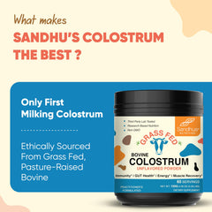 Packaging and scoop included with Sandhu's colostrum powder