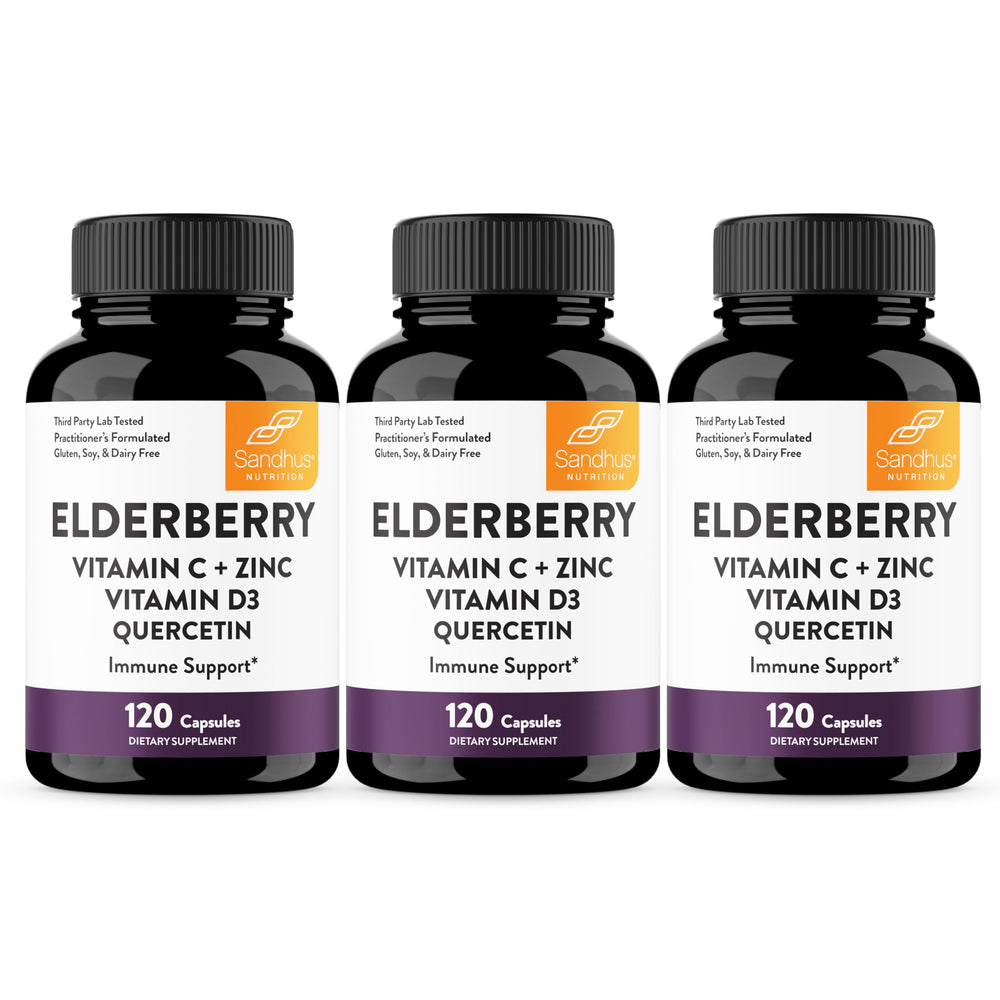 Front label of Sandhu's Elderberry Vitamin C & Zinc with Vitamin D3 & Quercetin bottle