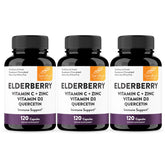 Front label of Sandhu's Elderberry Vitamin C & Zinc with Vitamin D3 & Quercetin bottle