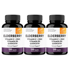 Front label of Sandhu's Elderberry Vitamin C & Zinc with Vitamin D3 & Quercetin bottle