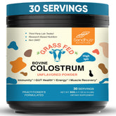 Front view of Sandhu's Grass Fed Bovine Colostrum Powder container