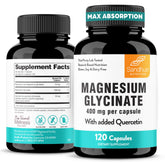 Front label of Sandhu's Magnesium Glycinate 400mg with Quercetin bottle