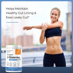 USA-made badge on Sandhu's L-Glutamine powder packaging