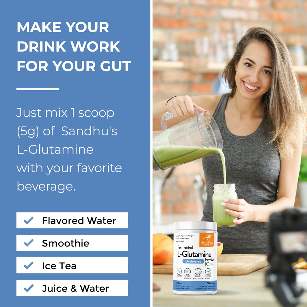 Serving suggestion with a scoop of L-Glutamine powder in water