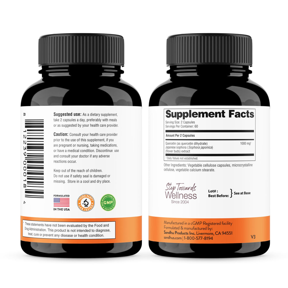 Nutrition facts label for Quercetin capsules