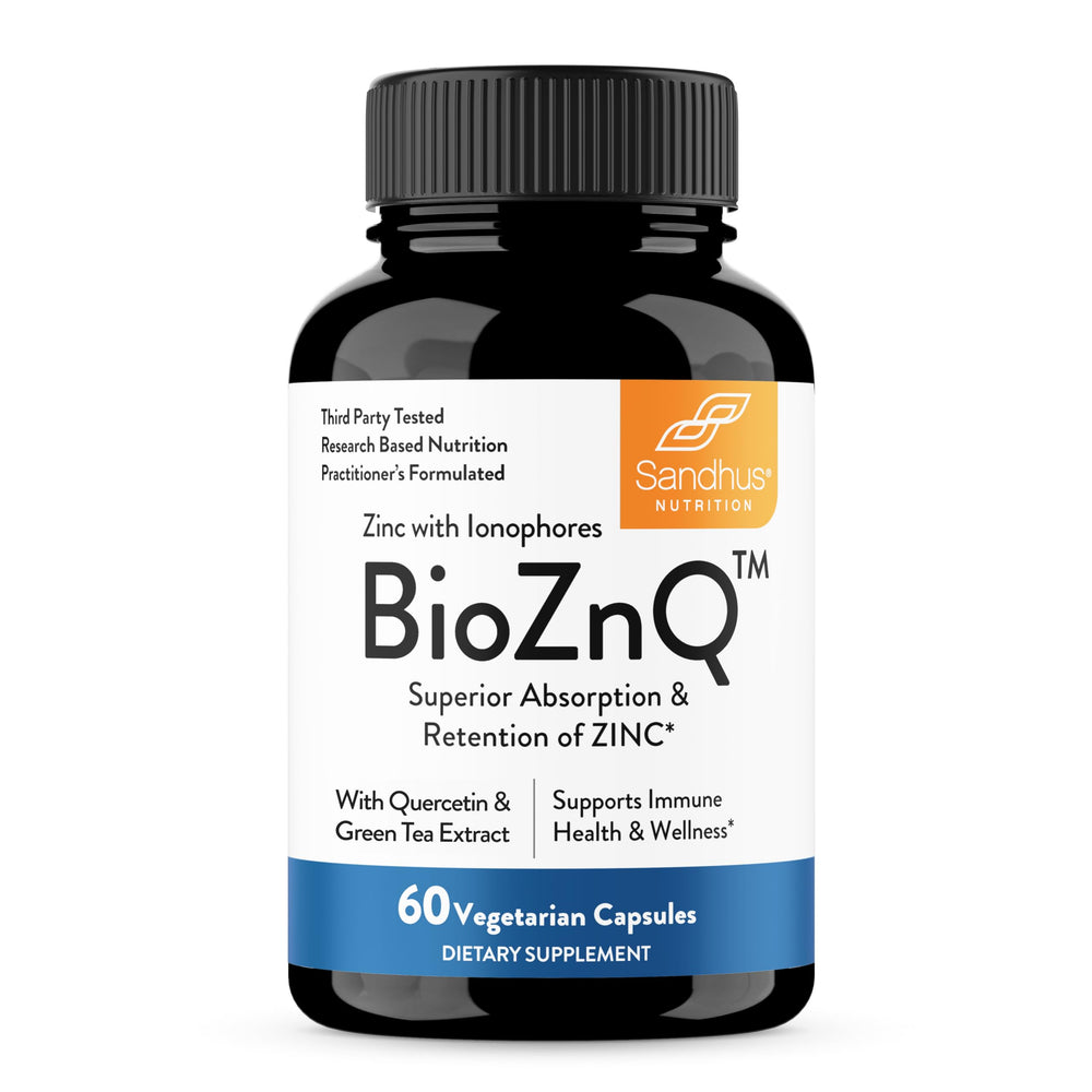 Bottle of Sandhu's BioZnq zinc with ionophores