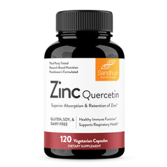 Front view of Sandhu's Zinc Quercetin 120 Vegetarian Capsules bottle