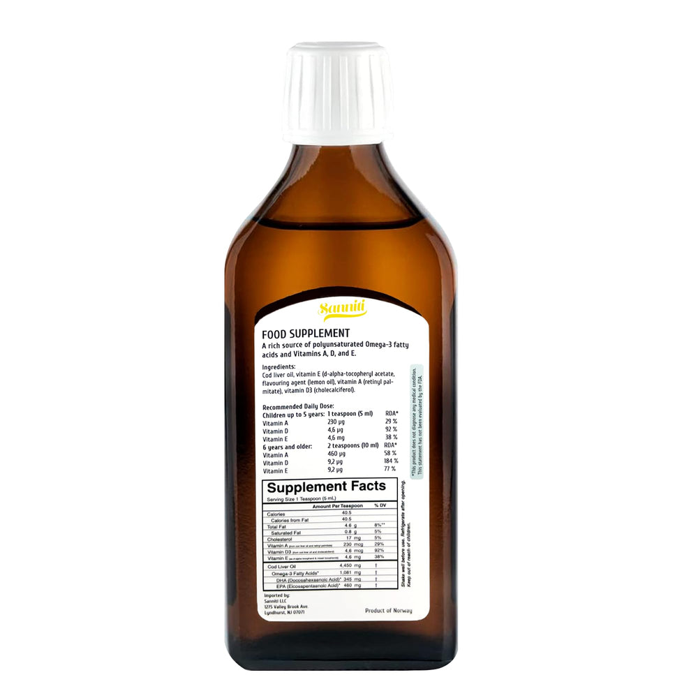 Close-up of lemon flavored cod liver oil bottle label