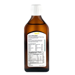 Close-up of lemon flavored cod liver oil bottle label