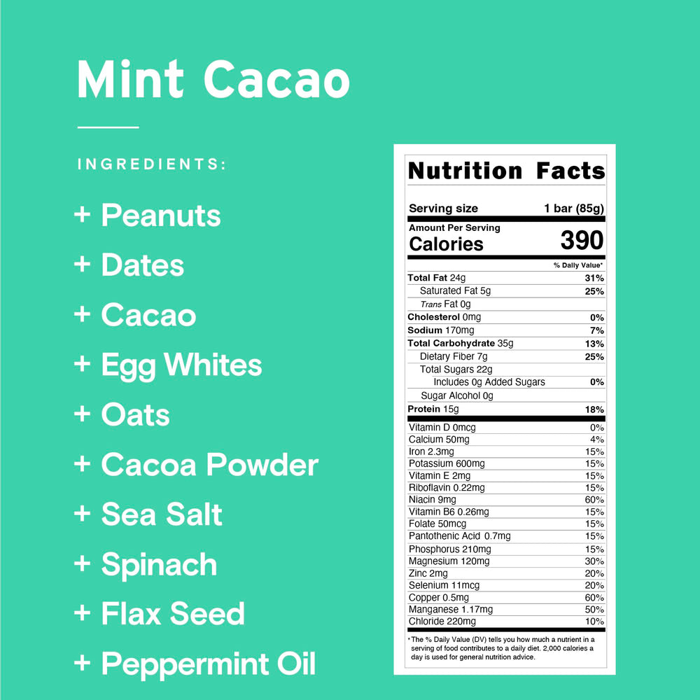 SANS Mint Cacao bar front view highlights mint cacao flavor and protein power