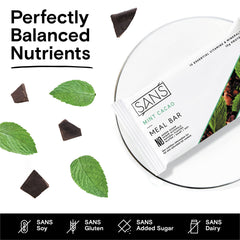 SANS Mint Cacao bars stacked highlight a 12-bar pack option for balanced fueling