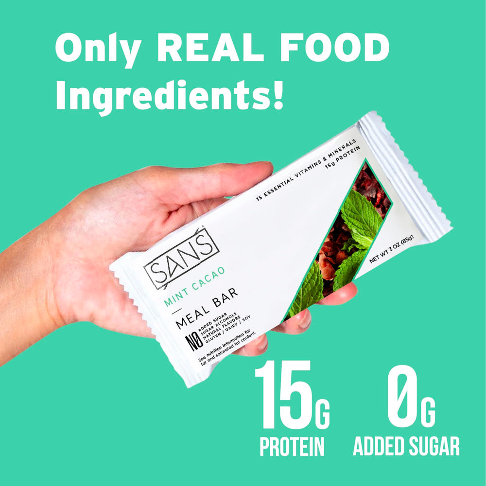 SANS Mint Cacao foil unwrap closeup emphasizes convenient dairy-free bite