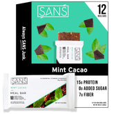 SANS Mint Cacao packaging shows gluten-free dairy-free nutrition for on-the-go snacking