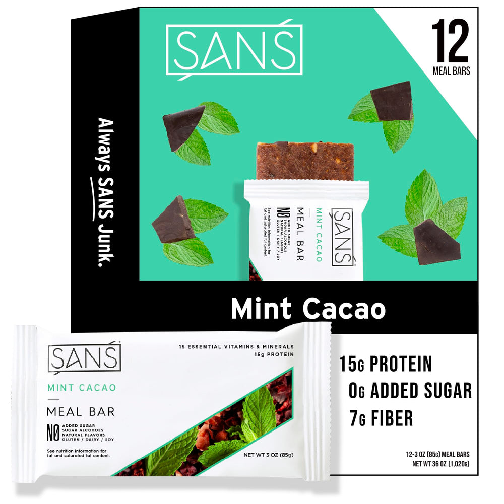 SANS Mint Cacao packaging shows gluten-free dairy-free nutrition for on-the-go snacking