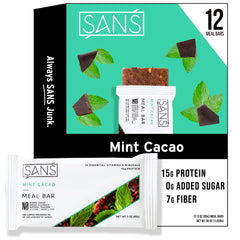 SANS Mint Cacao packaging shows gluten-free dairy-free nutrition for on-the-go snacking