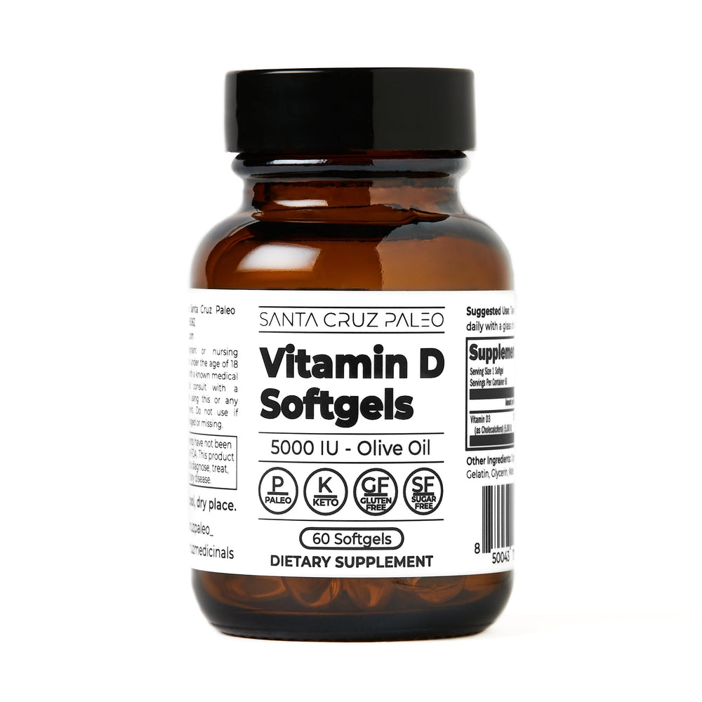 Bottle of Santa Cruz Paleo Vitamin D softgels with olive oil carrier