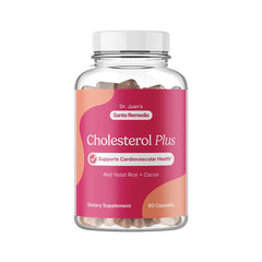 Front view of Santo Remedio Cholesterol Plus bottle with Red Yeast Rice & Cocoa