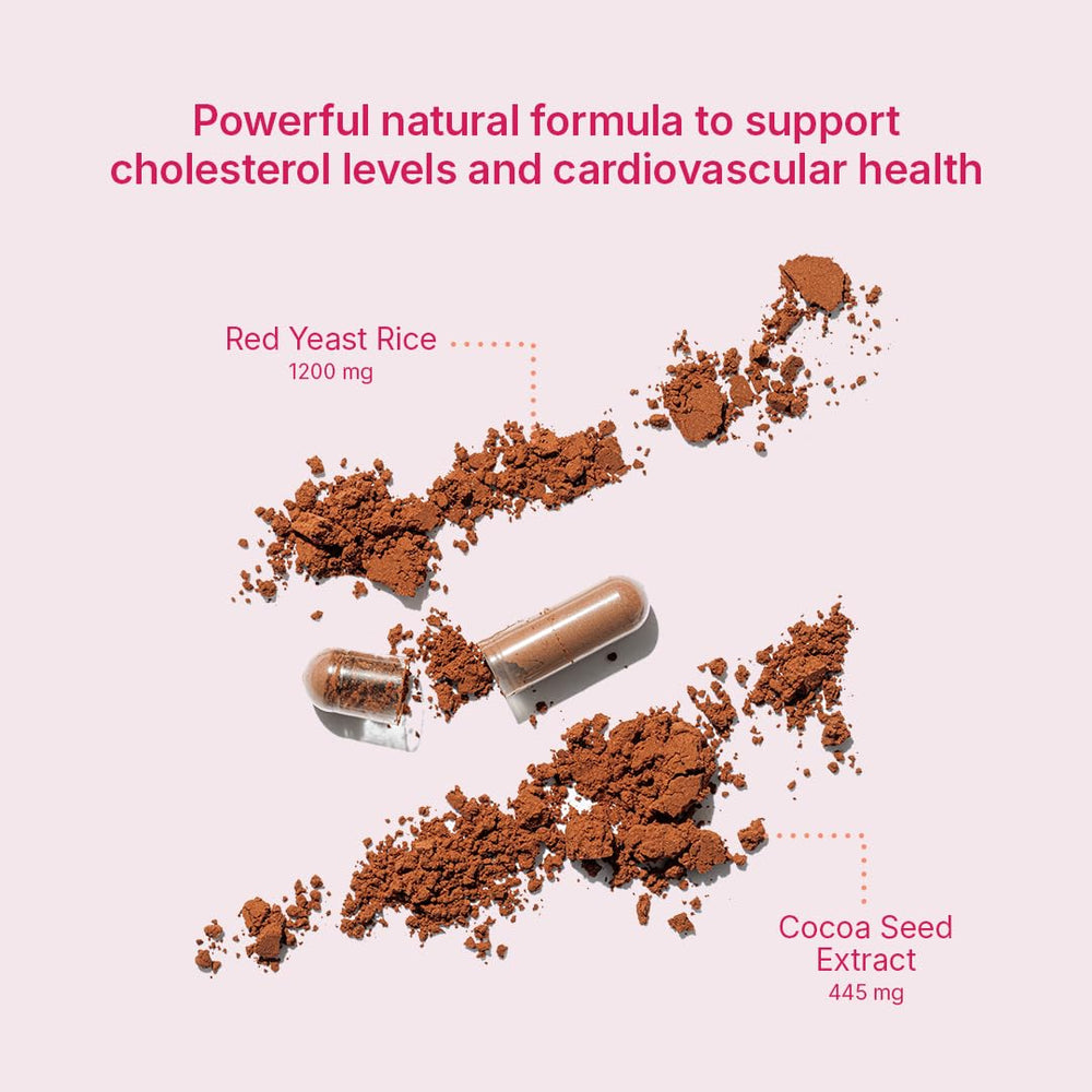 Supplement capsules arranged next to the Santo Remedio Cholesterol Plus bottle