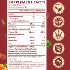 Nutrition and ingredient panel of Sapotax Korean Red Panax Ginseng Iron Gummies