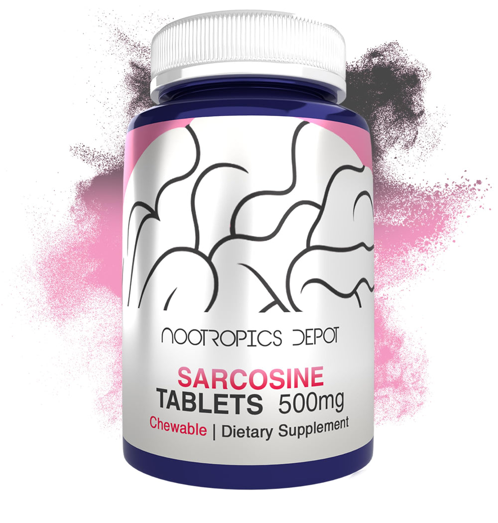 Front view of Nootropics Depot Sarcosine chewable tablets in a 120-count jar, 500mg each