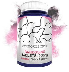 Front view of Nootropics Depot Sarcosine chewable tablets in a 120-count jar, 500mg each