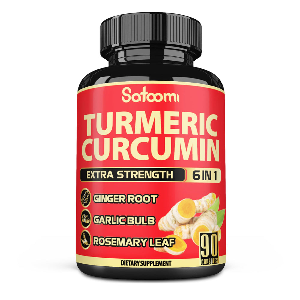 Bottle of Satoomi 6in1 Turmeric Curcumin supplement with 90 vegan capsules