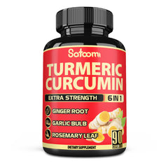 Bottle of Satoomi 6in1 Turmeric Curcumin supplement with 90 vegan capsules
