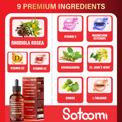 Ingredients panel: Rhodiola Rosea, Ashwagandha, Magnesium, L-Theanine, St. John's Wort