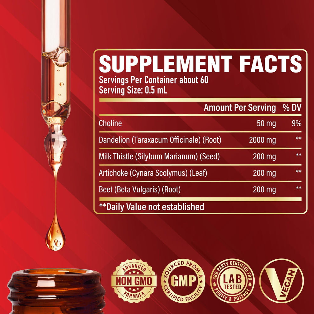 Illustration of ingredients: dandelion root, milk thistle, artichoke, beet root, choline
